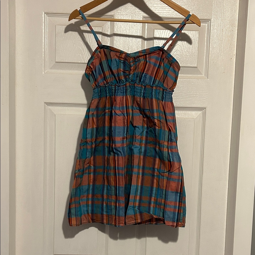 Garage Teal and Rust Plaid Cami with Smocked Waist
